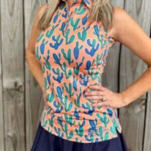 CS Ladies Sleeveless Orange Cactus Print Polo